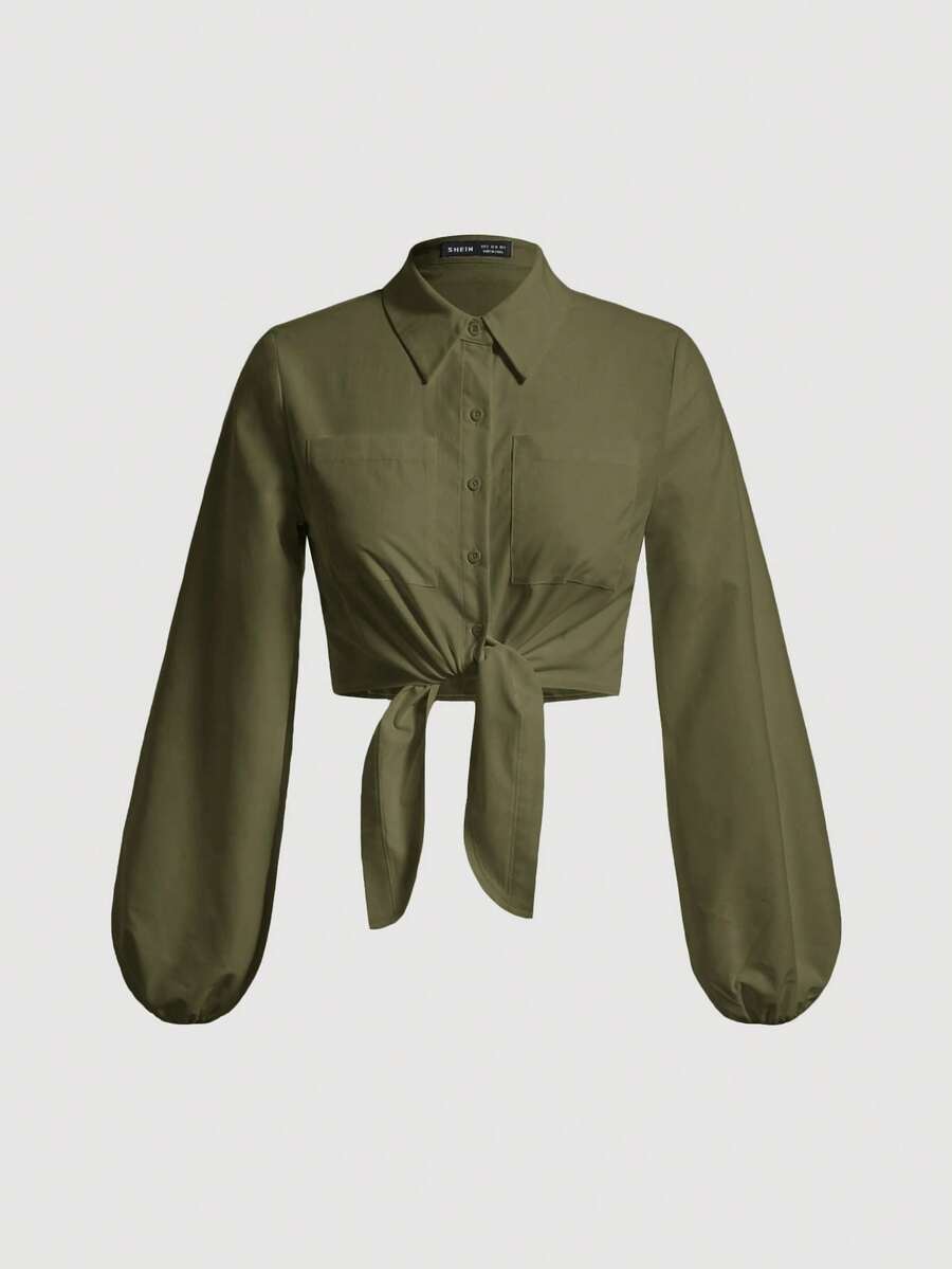 SHEIN MOD Áo sơ mi nữ tay phồng màu trơn, hai túi, dáng ngắn, thích hợp mặc mùa xuân và hè. - xanh quân đội - Xem 1