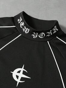 PAVTROS 男士字母印花立领插肩袖休闲套头衫卫衣 男士Y2K服装 Y2K长袖男士Y2K上衣 男士Y2K运动服 - 黑色 - 查看 5