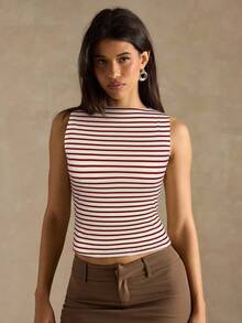 SHEIN BAE Women's Striped Fitted Casual Vacation Tank Top - Red - View 5