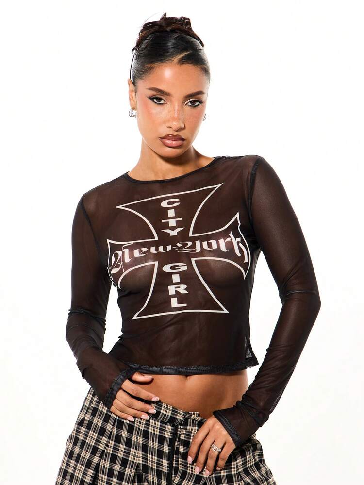 SUMWON WOMEN Mesh Long Sleeve Top With City Print
