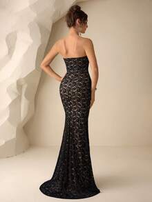 Coutiva Elegant Evening Gown,Luxury Slim Fit Strapless Lace Corset Dress, Floral Sequin Tube Top Bustier Formal Dress For Wedding,Ball,Graduation Ceremony - Black - View 3