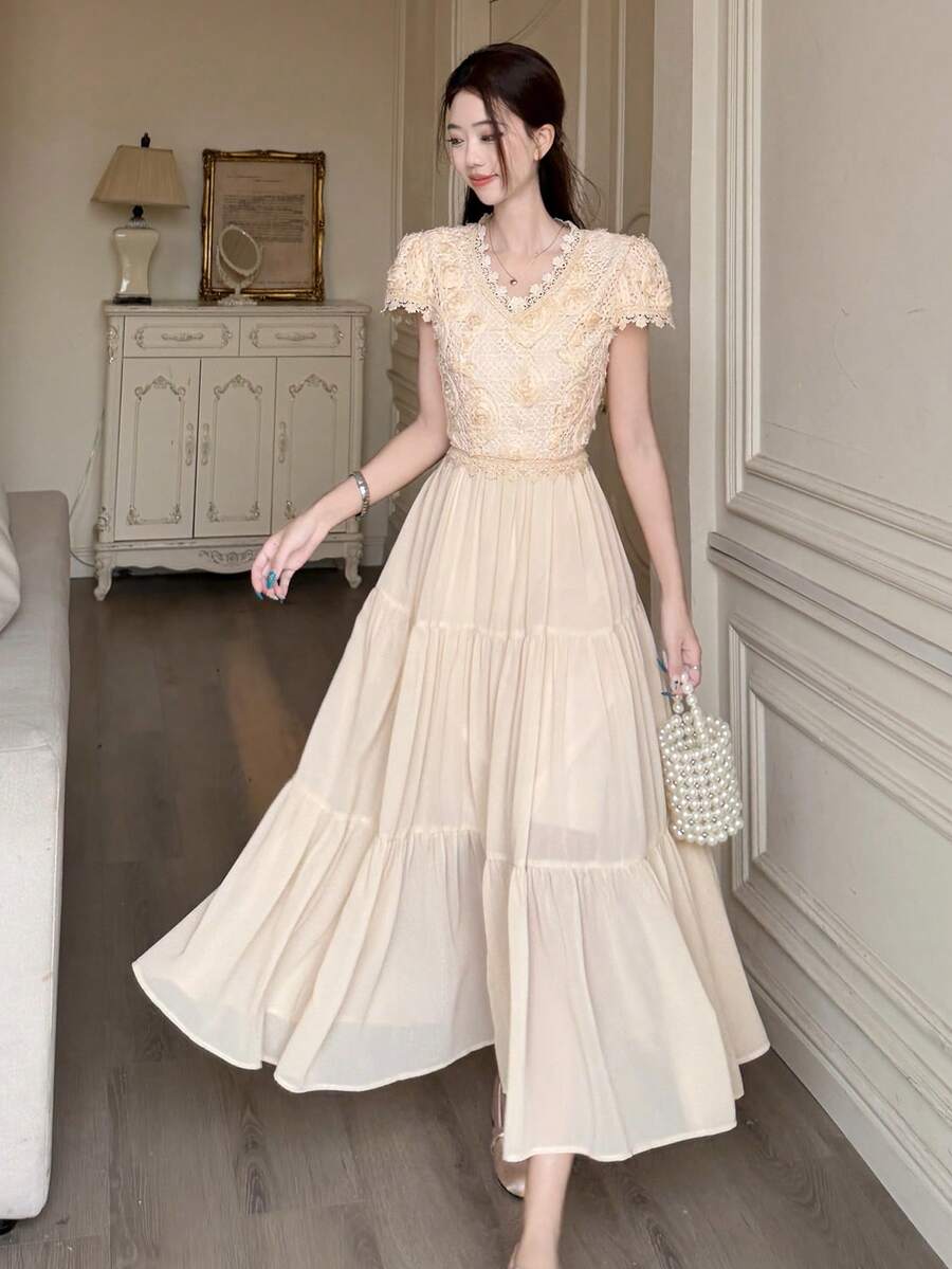 DAZY 女士蕾丝拼接短袖韩版优雅长裙夏季连衣裙 - 杏色 - 查看 1