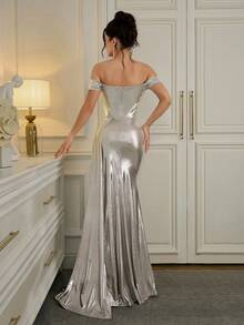 Poshira Women's Cocktail Party Fitted Shiny Luxury High-End Formal Dress - Silver - View 3