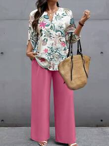 SHEIN LUNE Plus Size Women Tropical Plant Print Ruffle Sleeve Shirt And Pants Casual 2 Pieces Set Fall - Multicolor - View 3