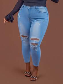 CurvyTilda Cộng với kích thước quần jean denim vừa vặn đau khổ thông thường - Rửa nhẹ - Xem 4