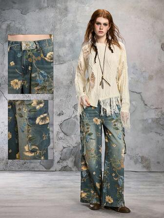 Fairycore Vintage Floral Print Washed Loose Wide Leg Cargo Jeans For Women, Summer Outfits