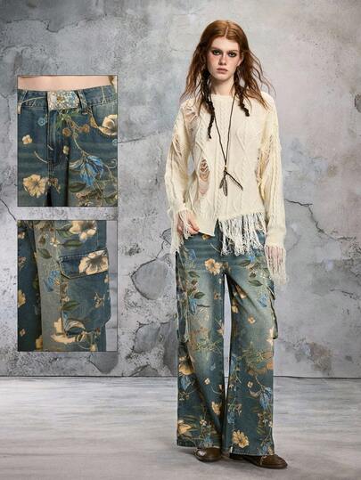 Fairycore Jeans cargo à jambes larges et amples imprimés floraux vintage lavés pour femmes, tenues d'été