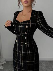SHEIN Elenzya Đầm ngắn tay dài cổ tim bằng vải tweed thanh lịch dành cho nữ, thích hợp cho mùa thu. - màu đen - Xem 5