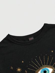 ROMWE Gothic Mysterious Eye, Sun And Moon Print Black T-Shirt For Women - Black - View 3