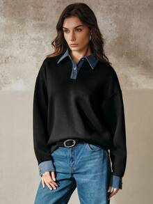 Anewsta Women's Modern Washed Denim Patchwork Loose Polo Collar Sweatshirt - Black - View 5