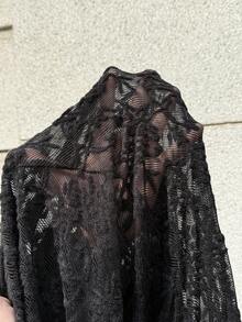 SHEIN EZwear 大码女式纯色蕾丝拼接长袖休闲连衣裙 - 黑色 - 查看 6