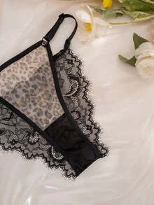2pcs Women Leopard Print Lace Patchwork Front Closure Wireless Thin Cup Comfortable Lingerie Set - Multicolor - View 5