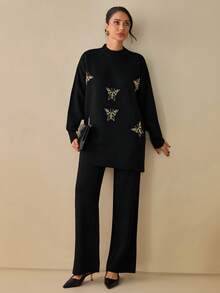 EURMUSE Black Knit Co-Ord Set With Rhinestone Butterfly Embroidery – Casual Elegance Black Rhinestone Butterfly Knit Sweater And Pants Set For Elegant Chic Fall And Winter Outfits - Black - View 6