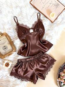 Franclia Bộ đồ 2 món dành cho nữ cỡ lớn, phối ren, buộc dây phía trước, gồm áo hai dây và quần short. - màu nâu - Xem 2