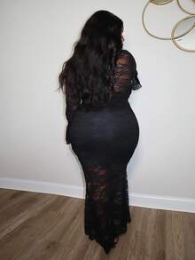 Hourglow Đầm bodycon dài tay ren đuôi cá hở lưng gợi cảm cỡ lớn thanh lịch cho nữ dự tiệc sang trọng - Z - màu đen - Xem 2