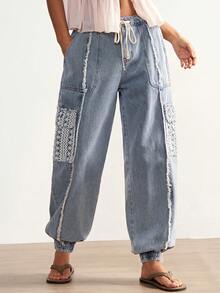 Bohemela 女士休闲纯色梭织牛仔低腰慢跑裤 - 藍色 - 查看 7