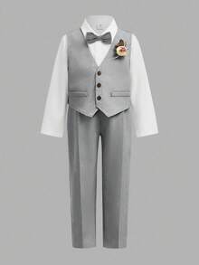 3 件套年轻男孩绅士装：卡其色背心、松紧腰裤、领结和长袖衬衫套装，春夏 - 淺灰色 - 查看 2