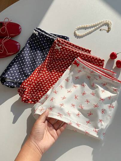 Comfortcana 2026 New Fashionable 3pcs/Set Women Elastic Waist Bow Decor Casual Shorts  Summer Women's Summer Set Summer Outfits For Women Spring Outfit Women Valentine's Day Beach Shorts Vacation Outfits Women Graphic Shorts Red White And Blue Shorts