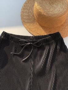 SHEIN EZwear 夏季纯色系带阔腿宽松短裤 - 黑色 - 查看 3