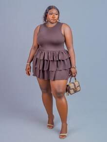 CurvyTilda 大码女式荷叶边下摆短款连衣裙，优雅连衣裙，适合日常、度假、夏季、年轻时尚、Y2K、海滩度假、毕业典礼、生日、派对 - 咖啡棕 - 查看 7