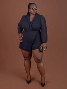 CurvyTilda 大码女式纯色披肩领灯笼袖不对称下摆优雅连体裤