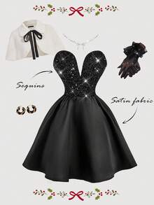 SHEIN MOD Women's V-Neck Sequin Dress,Party Dress,Christmas Dress,New Year Dress,Christmas Party Dress , Women's New Year's Eve Dresses, Sparkly Black Dress, Black Dress Birthday ,Formal Dress ,Glitter Dress ,Shiny Dress - Black - View 3