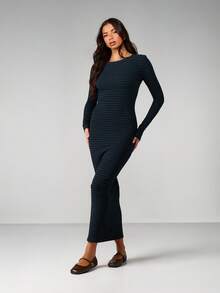 MISSGUIDED Đầm maxi dài tay ôm sát kẻ sọc ngang, thích hợp mặc mùa đông thu, kiểu dáng thường ngày, thanh lịch, dài đến mắt cá chân, cổ tròn, chất liệu dệt kim gân. - Nhiều màu - Xem 1