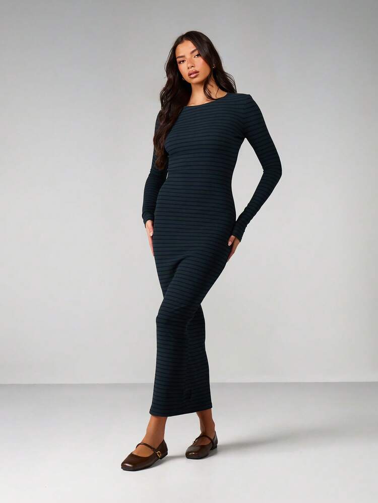 MISSGUIDED Fitted Long Sleeve Horizontal Striped Maxi Dress Bodycon Winter Fall Casual Day Elegant Ankle Length Round Neck Ribbed Knit