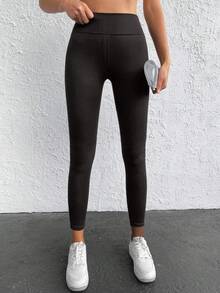 RueChic 100%Cotton Solid Elastic Waist Patched Pocket Skinny Pants - Brown - View 3