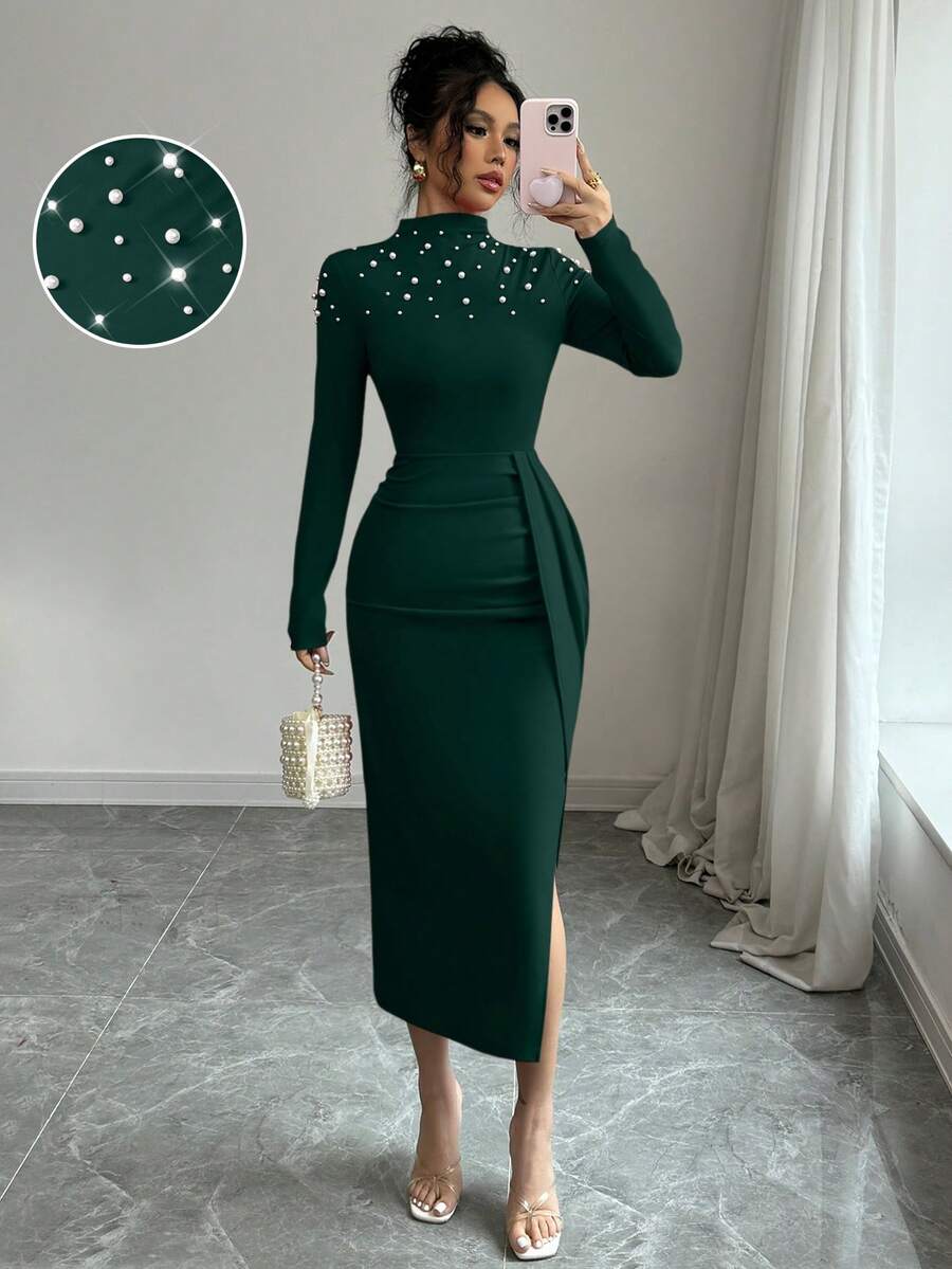Elenzga Handmade Beaded Pleated Slit Dress For Women - Dark Green - View 1