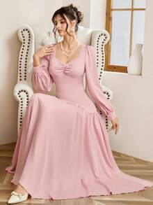 Opuloom Women's Woven Fabric Bustier Style Pleated Front Panel, Gathered Sleeve Head, Lantern Sleeve, Waist Cinched, Bodycon, Floral Petal Beaded Sequin Pearl Pleated Maxi Dress, Vintage Elegant Luxurious Party Holiday Outing Date, Faux Brown, Autumn/Winter/Spring