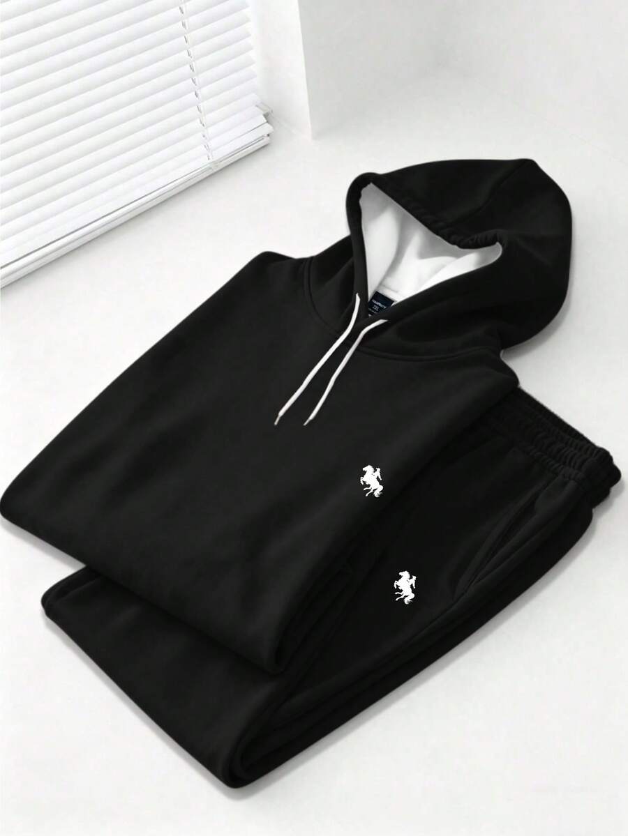 Manfinity Homme 2pcs Plus Size Men's Classic Black Horse Print Drawstring Hoodie And Pants Set, Suitable For Boyfriend, Lover, Daily Wear, Autumn/Winter Sweatsuit - Black - View 1