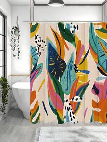 1pc [Vibrant Shower Curtain] Tropical Leaf Print Non-Light-Blocking Shower Curtain | Colorful Retro Design With 12 Hooks, Machine Washable Polyester | Yellow Blue Pink Green Pattern For Bathroom Decor, Shower Curtain For Bathrooms - Multicolor - View 5