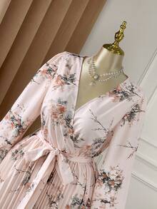 Rometta Plus Size Women Floral Print Belted Pleated Dress Long Sleeve Floral Dress Floral Dress Elegant French Style Dress - Pink - View 8