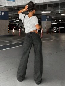 EURMUSE 90'S LOW WAIST BABY BLUE BAGGY LOOSE STRAIGHT LEG JEAN - Dark Grey - View 2