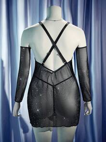 MidnightGlam Set de lenjerie intimă sexy din plasă, mărime mare, 4 buc., fără mâneci - Negru - Vizualizare 9