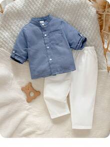 Baby Boy Casual Cute Versatile Blue Long Sleeve Shirt & Elastic Waist Pants Set Cute And Versatile Casual Blue Long-Sleeved Shirt And Elastic Waist Trousers Set For Baby Boys (2-Piece Set). Includes A Casual Gentleman's Long-Sleeved Shirt With Button Loops And White Dress Trousers. Suitable For Home, Outdoor, And Other Occasions. A Gentleman's Shirt And Trouser Set For Little Boys. - Multicolor - View 2