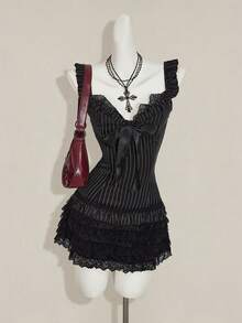 SHEIN ICON 女士Y2K哥特风性感迷你连衣裙，适合办公室女性穿着，条纹印花蕾丝拼接无袖迷你连衣裙 - 黑色 - 查看 4