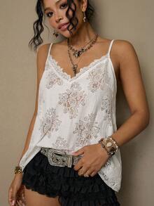 Freevana Große Größen Sommer Lässig einfarbiges Spitzen Trägerhemd - Weiss - Übersicht 6