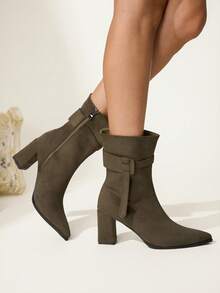 CUCCOO CHICEST 女士时尚百搭通勤粗跟中筒靴 - 軍綠色 - 查看 6
