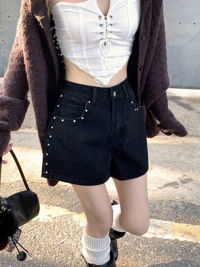 DAZY Women's Rivet Decor Casual Washed Loose Korean Style Versatile Denim Shorts, Summer