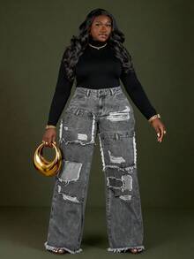 CurvyTilda Quần jeans ống rộng, rách, rách, giặt thường ngày cỡ lớn - Màu Xám nhạt - Xem 5