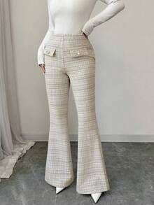 SHEIN Elenzya 2025 New Elegant French Style Blue Plaid Elastic Tweed Design Waist Cinching Slim Fit Pearl Button Elastic Waist Flared Casual Versatile Metallic Thread Holiday Autumn Women Pants - Brown - View 5