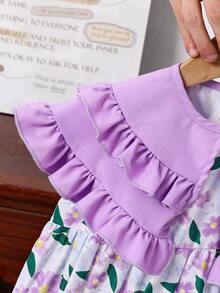 Emery Rose Kids 小女孩碎花彼得潘领修身连衣裙假日装扮 - 紫色 - 查看 6