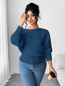 Elenzga Plus Size Batwing Sleeve Drawstring Asymmetrical Knitted Sweater, Thick White Pullover Top For Winter - Royal Blue - View 5