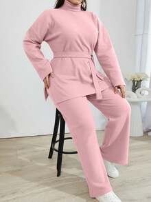 Solid Color Turtleneck Casual Sweater 2pcs/Set - Pink - View 5
