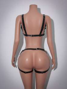 SHEIN 两件套女士性感皮革装饰内衣套装 - 黑色 - 查看 2