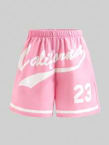 Sparklyn 少女黑色条纹复古字母印花宽松外套、黄色修身吊带背心和黄色短裤 - 粉色 - 查看 6