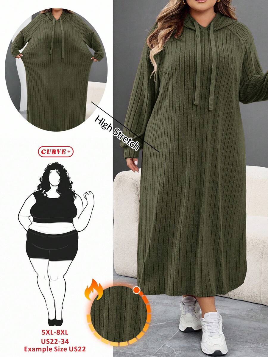 SHEIN CURVE+ Đầm dài tay có mũ rộng rãi dành cho nữ cỡ lớn, chất liệu vải gân, có gân. - xanh quân đội - Xem 1