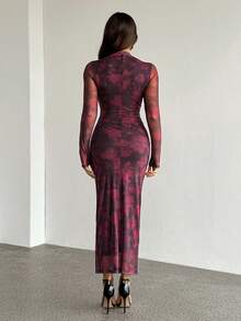 SHEIN Tall 女士时尚抽象印花紧身连衣裙 夏季服装 情人节连衣裙 长袖连衣裙 紧身长裙 - 紫色 - 查看 3